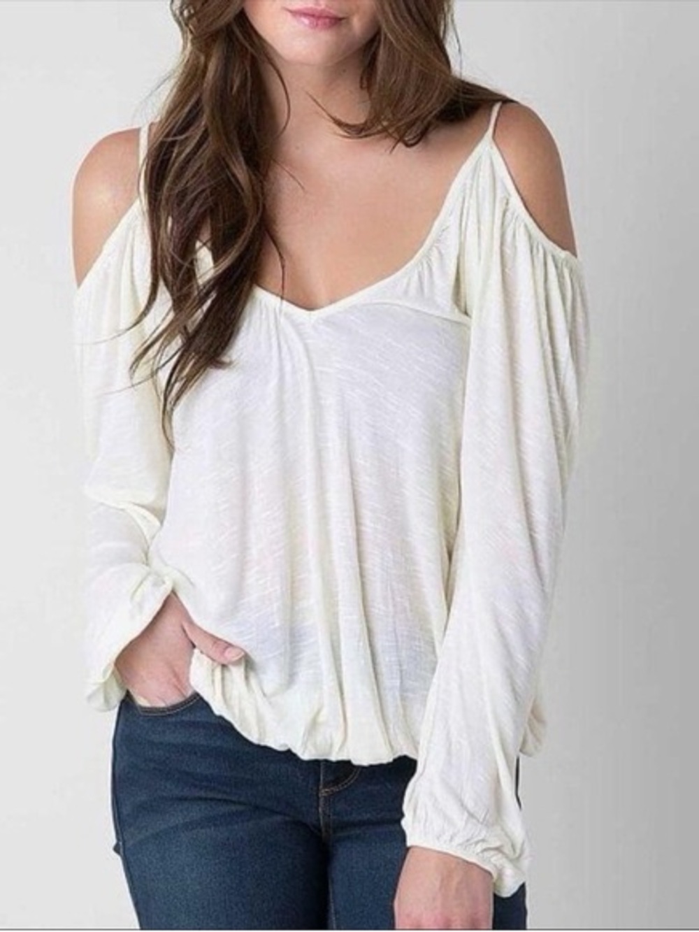Free People Cream Off-Shoulder V-Neck Long Sleeve Top